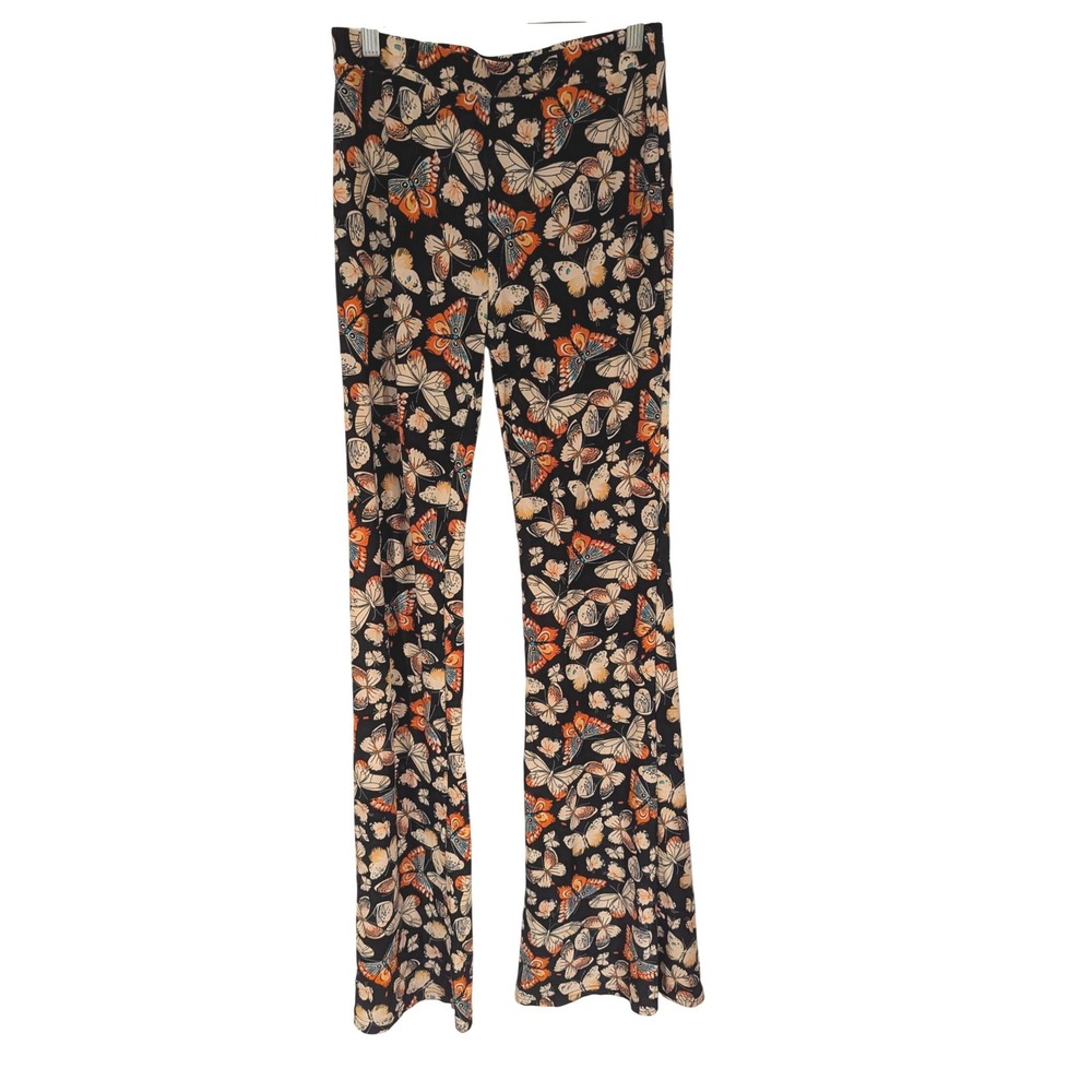 shosho Black Butterfly Print Boot-Cut Pants with Cream & Orange Accents